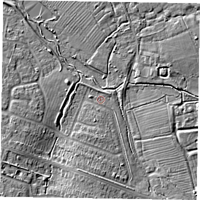Shaded relief map of the ground around HP201PW, computed from Environment Agency LiDAR. The ground here sits at about 82 m above sea level and falls 8 m across the surrounding 800 m. Surface water reaching this point runs off ground lying to the south, 5.6 m higher.