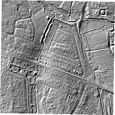 Shaded relief map of the ground around HP201PX, computed from Environment Agency LiDAR. The ground here sits at about 85 m above sea level and falls 9 m across the surrounding 800 m. Surface water reaching this point runs off ground lying to the south, 2.2 m higher.