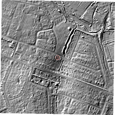 Shaded relief map of the ground around HP201PY, computed from Environment Agency LiDAR. The ground here sits at about 84 m above sea level and falls 8 m across the surrounding 800 m. Surface water reaching this point runs off ground lying to the west, 3.5 m higher.