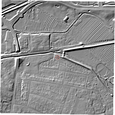 Shaded relief map of the ground around HP201QH, computed from Environment Agency LiDAR. The ground here sits at about 81 m above sea level and falls 7 m across the surrounding 800 m. Surface water reaching this point runs off ground lying to the south-south-east, 5.6 m higher.