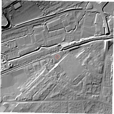 Shaded relief map of the ground around HP201QN, computed from Environment Agency LiDAR. The ground here sits at about 80 m above sea level and falls 11 m across the surrounding 800 m. Surface water reaching this point runs off ground lying to the south-west, 0.5 m higher.