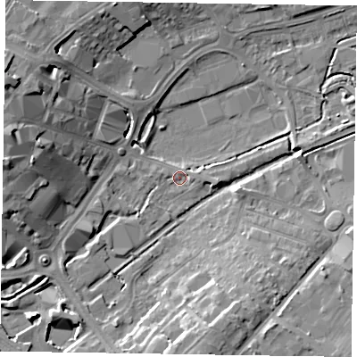 Shaded relief map of the ground around HP201RB, computed from Environment Agency LiDAR. The ground here sits at about 78 m above sea level and falls 15 m across the surrounding 800 m. Surface water reaching this point runs off ground lying to the east, 2.0 m higher.