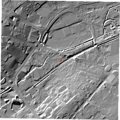 Shaded relief map of the ground around HP201RD, computed from Environment Agency LiDAR. The ground here sits at about 78 m above sea level and falls 14 m across the surrounding 800 m. Surface water reaching this point runs off ground lying to the west-north-west, 14.3 m higher.