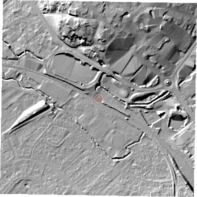 Shaded relief map of the ground around HP201RU, computed from Environment Agency LiDAR. The ground here sits at about 77 m above sea level and falls 18 m across the surrounding 800 m. Surface water reaching this point runs off ground lying to the east-south-east, 1.6 m higher.