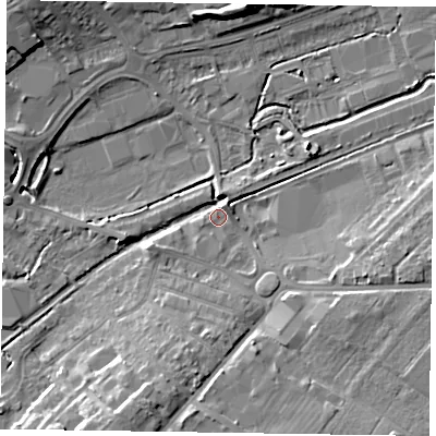Shaded relief map of the ground around HP201RY, computed from Environment Agency LiDAR. The ground here sits at about 78 m above sea level and falls 10 m across the surrounding 800 m. Surface water reaching this point runs off ground lying to the north-west, 10.4 m higher.