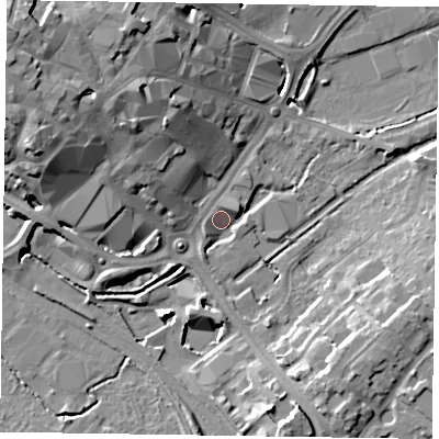 Shaded relief map of the ground around HP201UG, computed from Environment Agency LiDAR. The ground here sits at about 78 m above sea level and falls 18 m across the surrounding 800 m. Surface water reaching this point runs off ground lying to the east-north-east, 3.0 m higher.