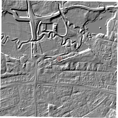 Shaded relief map of the ground around HP202BJ, computed from Environment Agency LiDAR. The ground here sits at about 74 m above sea level and falls 6 m across the surrounding 800 m. Surface water reaching this point runs off ground lying to the south-east, 1.6 m higher.
