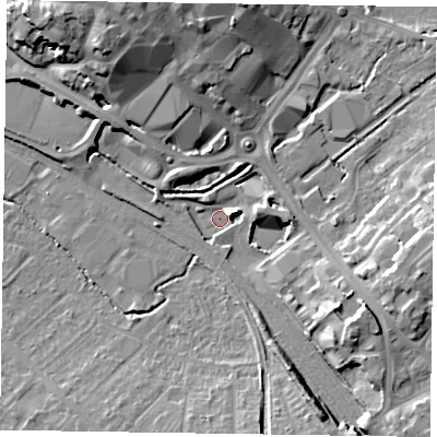 Shaded relief map of the ground around HP202SR, computed from Environment Agency LiDAR. The ground here sits at about 76 m above sea level and falls 18 m across the surrounding 800 m. Surface water reaching this point runs off ground lying to the east-south-east, 10.0 m higher.