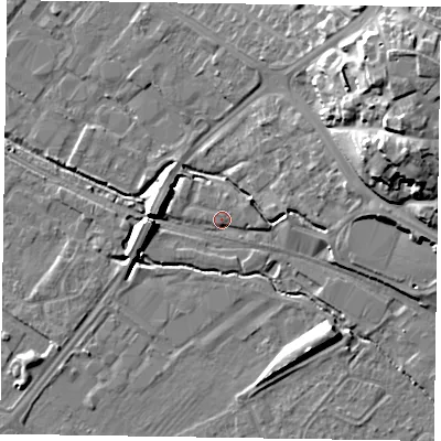 Shaded relief map of the ground around HP202TE, computed from Environment Agency LiDAR. The ground here sits at about 76 m above sea level and falls 20 m across the surrounding 800 m. Surface water reaching this point runs off ground lying to the east, 3.1 m higher.