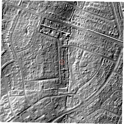 Shaded relief map of the ground around HP217AF, computed from Environment Agency LiDAR. The ground here sits at about 86 m above sea level and falls 11 m across the surrounding 800 m. Surface water reaching this point runs off ground lying to the west-south-west, 2.1 m higher.