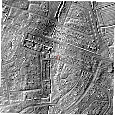 Shaded relief map of the ground around HP217AQ, computed from Environment Agency LiDAR. The ground here sits at about 85 m above sea level and falls 9 m across the surrounding 800 m. Surface water reaching this point runs off ground lying to the south-south-east, 5.5 m higher.