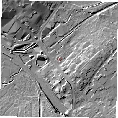 Shaded relief map of the ground around HP217BB, computed from Environment Agency LiDAR. The ground here sits at about 79 m above sea level and falls 15 m across the surrounding 800 m. Surface water reaching this point runs off ground lying to the north, 1.8 m higher.