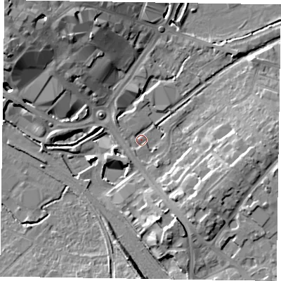 Shaded relief map of the ground around HP217FS, computed from Environment Agency LiDAR. The ground here sits at about 77 m above sea level and falls 16 m across the surrounding 800 m. Surface water reaching this point runs off ground lying to the north-west, 15.6 m higher.