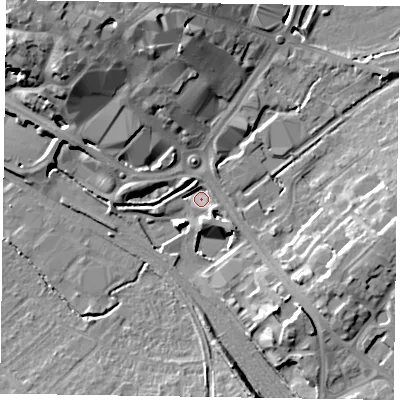 Shaded relief map of the ground around HP217GQ, computed from Environment Agency LiDAR. The ground here sits at about 76 m above sea level and falls 17 m across the surrounding 800 m. Surface water reaching this point runs off ground lying to the south-east, 9.8 m higher.