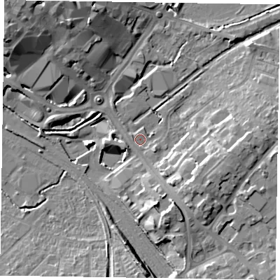 Shaded relief map of the ground around HP217QG, computed from Environment Agency LiDAR. The ground here sits at about 78 m above sea level and falls 16 m across the surrounding 800 m. Surface water reaching this point runs off ground lying to the east, 9.4 m higher.