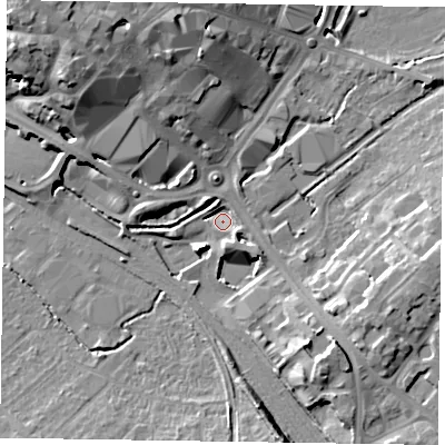 Shaded relief map of the ground around HP217QW, computed from Environment Agency LiDAR. The ground here sits at about 76 m above sea level and falls 17 m across the surrounding 800 m. Surface water reaching this point runs off ground lying to the south-east, 9.8 m higher.