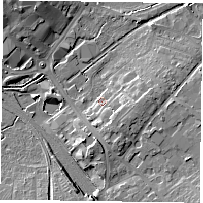 Shaded relief map of the ground around HP217RE, computed from Environment Agency LiDAR. The ground here sits at about 79 m above sea level and falls 14 m across the surrounding 800 m. Surface water reaching this point runs off ground lying to the south-south-east, 5.2 m higher.