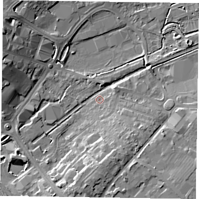 Shaded relief map of the ground around HP217RN, computed from Environment Agency LiDAR. The ground here sits at about 78 m above sea level and falls 13 m across the surrounding 800 m. Surface water reaching this point runs off ground lying to the south, 9.6 m higher.