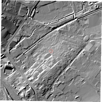 Shaded relief map of the ground around HP217RY, computed from Environment Agency LiDAR. The ground here sits at about 80 m above sea level and falls 13 m across the surrounding 800 m. Surface water reaching this point runs off ground lying to the south-south-east, 5.6 m higher.