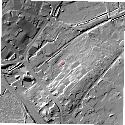 Shaded relief map of the ground around HP217SA, computed from Environment Agency LiDAR. The ground here sits at about 78 m above sea level and falls 15 m across the surrounding 800 m. Surface water reaching this point runs off ground lying to the south-east, 8.9 m higher.