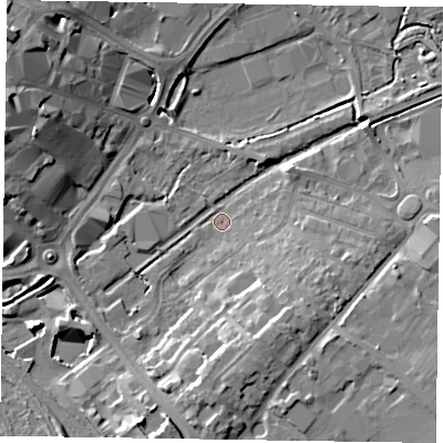 Shaded relief map of the ground around HP217SB, computed from Environment Agency LiDAR. The ground here sits at about 78 m above sea level and falls 15 m across the surrounding 800 m. Surface water reaching this point runs off ground lying to the south-south-east, 9.6 m higher.