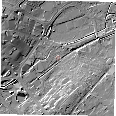 Shaded relief map of the ground around HP217SD, computed from Environment Agency LiDAR. The ground here sits at about 78 m above sea level and falls 15 m across the surrounding 800 m. Surface water reaching this point runs off ground lying to the north-west, 15.2 m higher.
