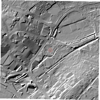 Shaded relief map of the ground around HP217SE, computed from Environment Agency LiDAR. The ground here sits at about 77 m above sea level and falls 16 m across the surrounding 800 m. Surface water reaching this point runs off ground lying to the west-north-west, 12.7 m higher.