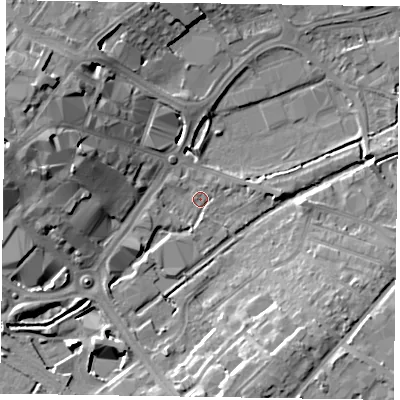 Shaded relief map of the ground around HP217SF, computed from Environment Agency LiDAR. The ground here sits at about 78 m above sea level and falls 16 m across the surrounding 800 m. Surface water reaching this point runs off ground lying to the west-north-west, 12.7 m higher.