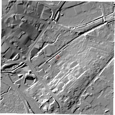 Shaded relief map of the ground around HP217SH, computed from Environment Agency LiDAR. The ground here sits at about 78 m above sea level and falls 16 m across the surrounding 800 m. Surface water reaching this point runs off ground lying to the south-east, 9.6 m higher.