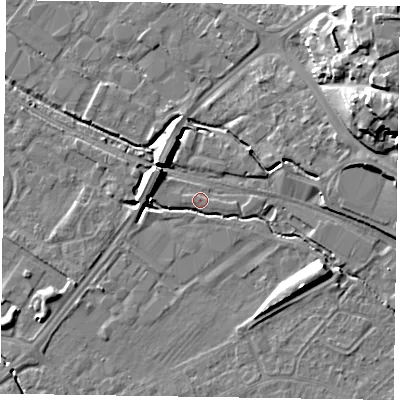 Shaded relief map of the ground around HP218AE, computed from Environment Agency LiDAR. The ground here sits at about 76 m above sea level and falls 20 m across the surrounding 800 m. Surface water reaching this point runs off ground lying to the east, 9.0 m higher.