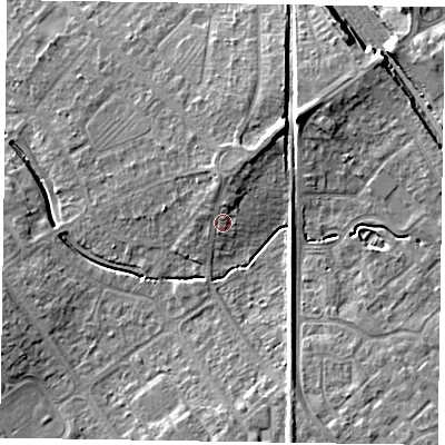 Shaded relief map of the ground around HP218DE, computed from Environment Agency LiDAR. The ground here sits at about 80 m above sea level and falls 10 m across the surrounding 800 m. Surface water reaching this point runs off ground lying to the north, 2.7 m higher.