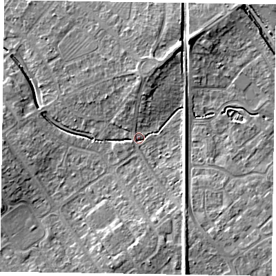 Shaded relief map of the ground around HP218DF, computed from Environment Agency LiDAR. The ground here sits at about 78 m above sea level and falls 10 m across the surrounding 800 m. Surface water reaching this point runs off ground lying to the north-north-east, 5.6 m higher.