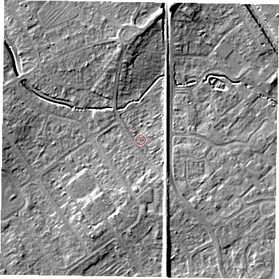Shaded relief map of the ground around HP218DG, computed from Environment Agency LiDAR. The ground here sits at about 79 m above sea level and falls 9 m across the surrounding 800 m. Surface water reaching this point runs off ground lying to the south-south-east, 4.3 m higher.