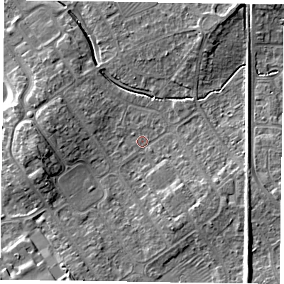 Shaded relief map of the ground around HP218DR, computed from Environment Agency LiDAR. The ground here sits at about 78 m above sea level and falls 10 m across the surrounding 800 m. Surface water reaching this point runs off ground lying to the east-south-east, 6.9 m higher.