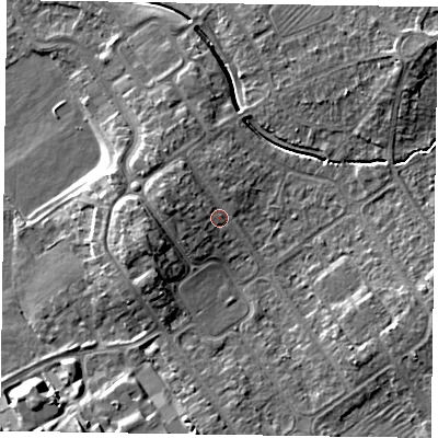 Shaded relief map of the ground around HP218DZ, computed from Environment Agency LiDAR. The ground here sits at about 79 m above sea level and falls 9 m across the surrounding 800 m. Surface water reaching this point runs off ground lying to the west-north-west, 3.5 m higher.