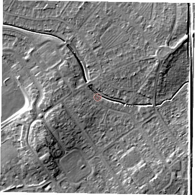 Shaded relief map of the ground around HP218EA, computed from Environment Agency LiDAR. The ground here sits at about 78 m above sea level and falls 11 m across the surrounding 800 m. Surface water reaching this point runs off ground lying to the south-east, 7.5 m higher.