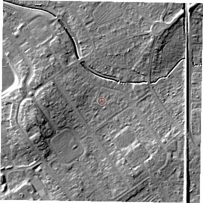 Shaded relief map of the ground around HP218EB, computed from Environment Agency LiDAR. The ground here sits at about 78 m above sea level and falls 10 m across the surrounding 800 m. Surface water reaching this point runs off ground lying to the south-east, 7.2 m higher.