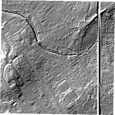 Shaded relief map of the ground around HP218ED, computed from Environment Agency LiDAR. The ground here sits at about 78 m above sea level and falls 10 m across the surrounding 800 m. Surface water reaching this point runs off ground lying to the south-east, 7.2 m higher.