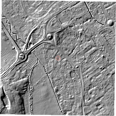 Shaded relief map of the ground around HP218EN, computed from Environment Agency LiDAR. The ground here sits at about 75 m above sea level and falls 9 m across the surrounding 800 m. Surface water reaching this point runs off ground lying to the south-west, 7.1 m higher.
