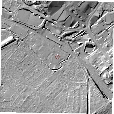 Shaded relief map of the ground around HP218FH, computed from Environment Agency LiDAR. The ground here sits at about 76 m above sea level and falls 16 m across the surrounding 800 m. The ground contributing surface water to this point lies to the north-east.