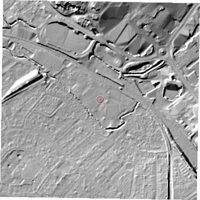 Shaded relief map of the ground around HP218FJ, computed from Environment Agency LiDAR. The ground here sits at about 76 m above sea level and falls 17 m across the surrounding 800 m. Surface water reaching this point runs off ground lying to the east-south-east, 0.6 m higher.