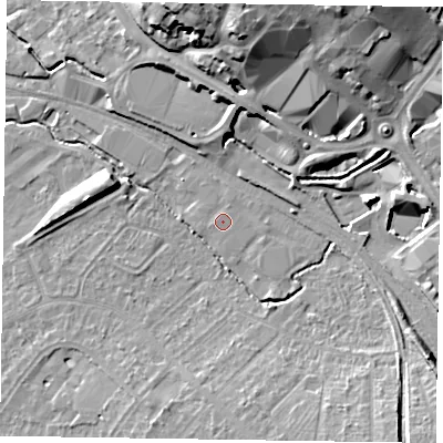 Shaded relief map of the ground around HP218FL, computed from Environment Agency LiDAR. The ground here sits at about 76 m above sea level and falls 17 m across the surrounding 800 m. The ground contributing surface water to this point lies to the north-north-east.
