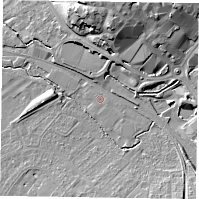 Shaded relief map of the ground around HP218FN, computed from Environment Agency LiDAR. The ground here sits at about 76 m above sea level and falls 18 m across the surrounding 800 m. The ground contributing surface water to this point lies to the south-east.