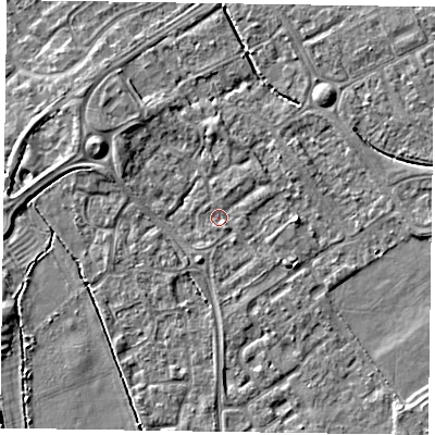 Shaded relief map of the ground around HP218FP, computed from Environment Agency LiDAR. The ground here sits at about 75 m above sea level and falls 5 m across the surrounding 800 m. Surface water reaching this point runs off ground lying to the south-south-east, 0.9 m higher.
