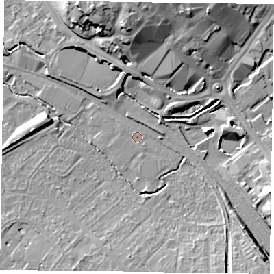 Shaded relief map of the ground around HP218FQ, computed from Environment Agency LiDAR. The ground here sits at about 76 m above sea level and falls 18 m across the surrounding 800 m. Surface water reaching this point runs off ground lying to the west, 0.5 m higher.