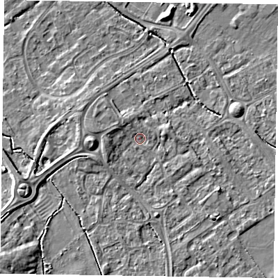 Shaded relief map of the ground around HP218FR, computed from Environment Agency LiDAR. The ground here sits at about 75 m above sea level and falls 8 m across the surrounding 800 m. Surface water reaching this point runs off ground lying to the south-west, 5.8 m higher.