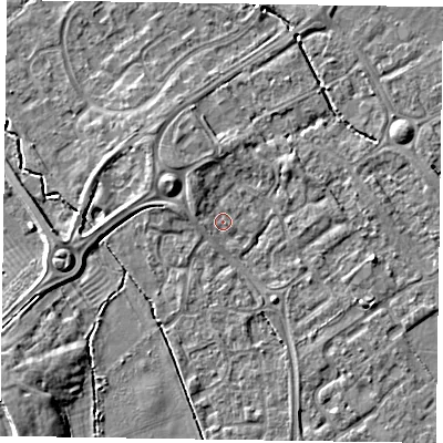 Shaded relief map of the ground around HP218FT, computed from Environment Agency LiDAR. The ground here sits at about 75 m above sea level and falls 8 m across the surrounding 800 m. Surface water reaching this point runs off ground lying to the south-east, 0.5 m higher.