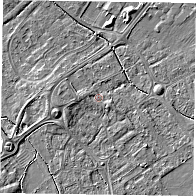 Shaded relief map of the ground around HP218FU, computed from Environment Agency LiDAR. The ground here sits at about 75 m above sea level and falls 6 m across the surrounding 800 m. Surface water reaching this point runs off ground lying to the west, 1.7 m higher.