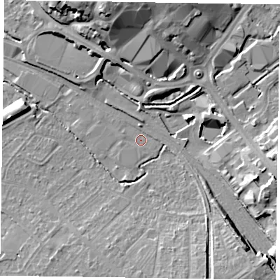 Shaded relief map of the ground around HP218FW, computed from Environment Agency LiDAR. The ground here sits at about 76 m above sea level and falls 17 m across the surrounding 800 m. Surface water reaching this point runs off ground lying to the east-south-east, 10.0 m higher.