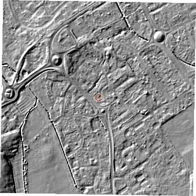 Shaded relief map of the ground around HP218FX, computed from Environment Agency LiDAR. The ground here sits at about 75 m above sea level and falls 7 m across the surrounding 800 m. Surface water reaching this point runs off ground lying to the south-west, 6.1 m higher.